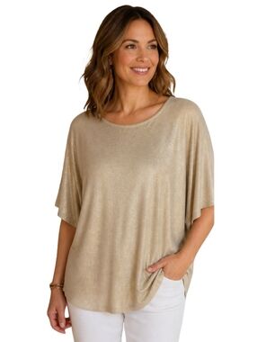 Chico’s Linen Blend Shimmer Top Size 3 XL Gold Metallic Knit Dolman Sleeve Boho